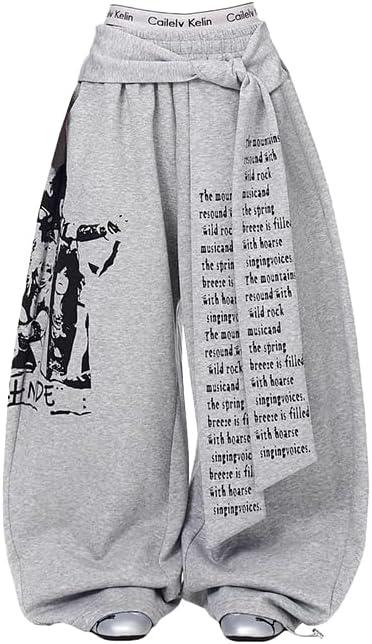 Trendy Sweatpants Women Oversized Graphic Print Grunge Pants Elastic Waist Cinched Bottom Streetwear Goth Sweatpants