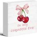 Pack of 2, Pink Cherry Bows in My Coquette Era Wood Box Sign Desk Decor, Vintage Preppy Trendy Bows Girly Wooden Block Sign Decorations for Home Girl Bedroom Dorm Living Room Wall Tabletop Shelf Decor