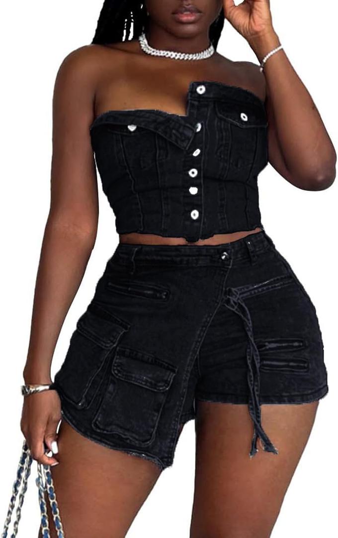 Molilove Women's Denim 2 Piece Outfits Button Tube Top and Cargo Shorts with Pockets Summer Sexy Jeans Shorts Set Tracksuits (Black), L