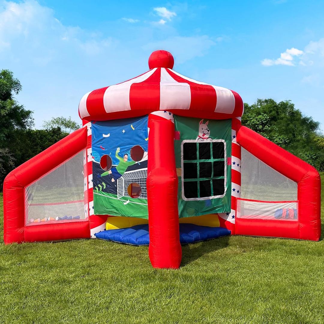 OZIS 5-in-1 Inflatable Carnival Game with Blower, Portable Basketball Hoop, Axe Throw, Soccer Target, Ring Toss, Tic-Tac-Toe for Backyard and Party, White & Red