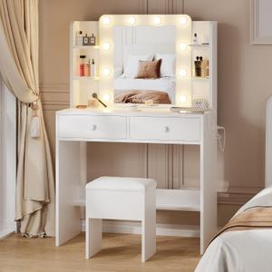Haewon White Vanity Desk with Mirror and Lights, Makeup Vanity with 10 LED Bulbs and 3 Color Modes, Dressing Table Set with Power Outlets, Storage Drawers and Chair for Bedroom (Small)