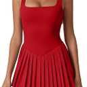 QINSEN Womens Chestnut XS Square Neck Tennis Dress with Built-in Shorts Pockets Summer Active Dress, red, XS