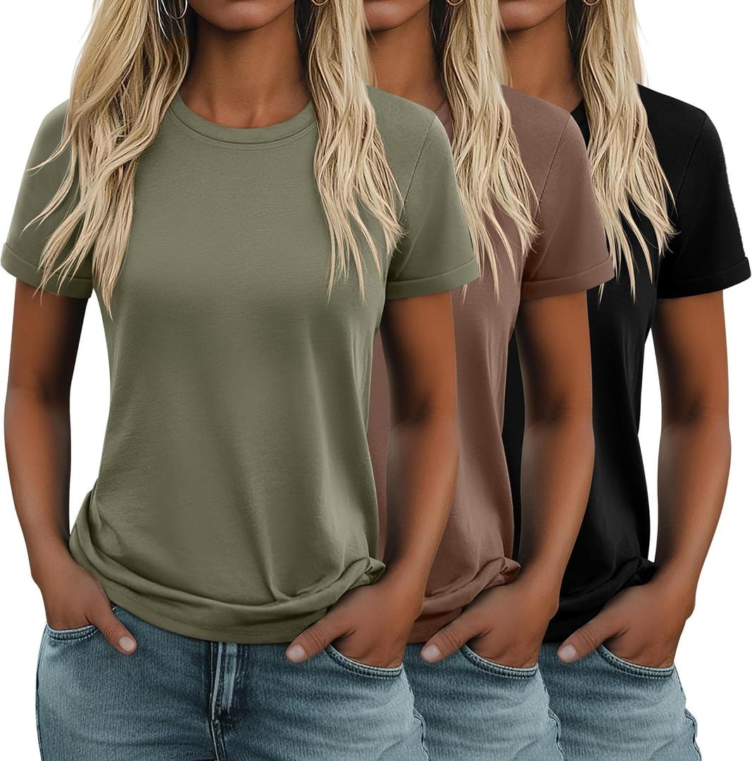 Huukeay 3 Pack Women's Cotton T Shirts Casual Short Sleeve Tunic Tops Crewneck Summer Loose Fit Plain Basic Tee