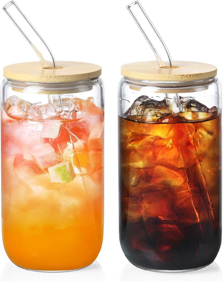 2 Pack Glass Cups with Bamboo Lids and Straws 16 oz, Gifts for Women, Drinking glasses set, Iced Coffee, Tea Cup, Cute Aesthetics Tumbler Cup, Mothers Day, Birthday Gifts for Her Mom