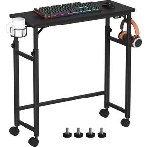 Snughome Mobile Keyboard Tray with Wire Cup Holder & 2 Storage Hooks, Height Adjustable 27.5"–44.4", Rolling Standing Desk Keyboard Platform with Lockable Casters for Home Office, Black