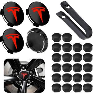 4 Pack Car Wheel Center Hub Cap Kit with 22 Lug Nut Covers, 2.2 in (56mm) Wheel Rim Covers Center Hubcaps with Emblem for Model 3 Y, Black & Red Gray & Silver Exterior Decoration for Tesla
