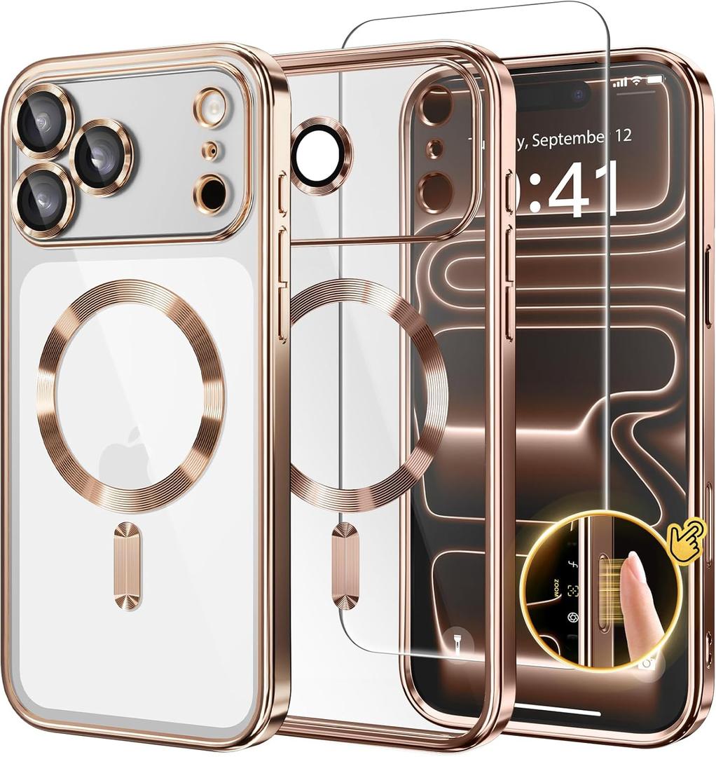 GolbinBox Magnetic Case for iPhone 17 Pro with Screen Protector, [Compatible with MagSafe][Camera Protection][16FT Military Protection] Slim Shockproof Plating Phone Case for 17 Pro,Rose Gold/Clear