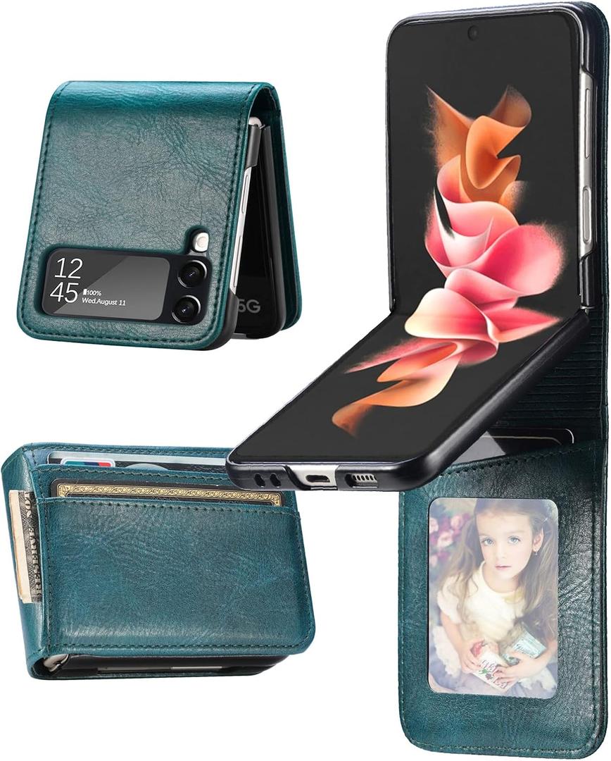 2 x Cases for Galaxy Z Flip 4 Wallet Case, Business Style Premium PU Leather Galaxy Z Flip 4 Card Holders Slim Fit for Women Men Protective Phone Case for Samsung Galaxy Z Flip 4 5G 2022 Green
