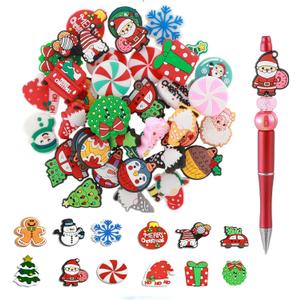 BrightRow 120 Pcs Silicone Focal Beads Bulk Santa Snowman Tree Wreath Gingerbread Man Festive Elements Beads for Pen Holders Keychains Bracelets DIY Crafts, Silicone Handmade Gifts