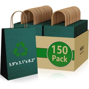 MIEVU 150Pack Small Gift Bags with Handles, 5.9x3.1x8.2 Inch Green Paper Bags (130g More Sturdy Material)  Bulk Christmas Gift Bag, Party Favor Bags, Recyclable Craft Bags for Gifts,Green