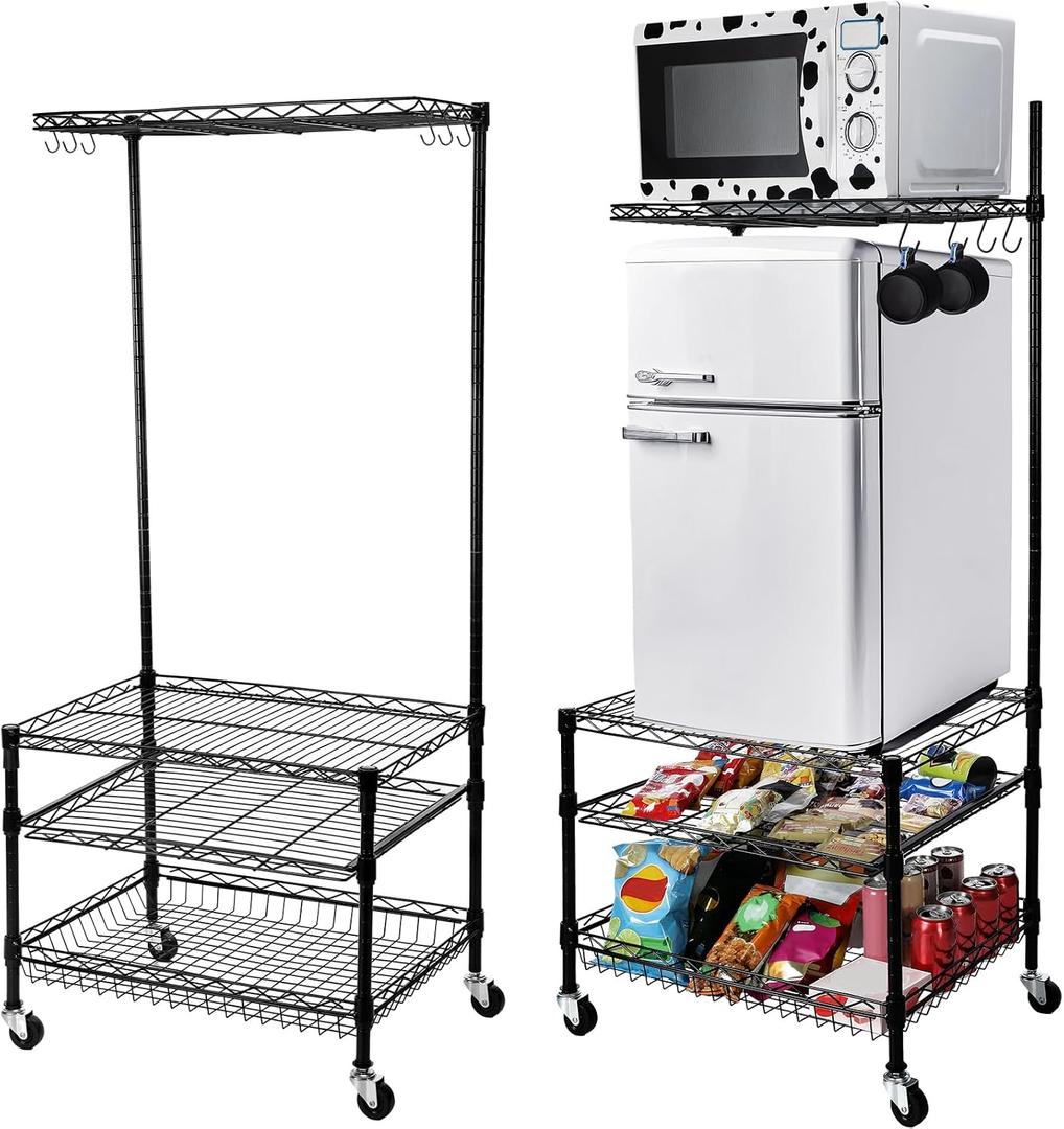 Wonderjune 1 Pcs Portable Mini Fridge Organizer Shelf with Wheels & 8 S Hooks, Mini Fridge Storage Stand, Microwave Stand for Dorm Room, Apartment & Kitchen, Compact Shelving for Small Space(Black), 23.6 x 17.7 x 52 inches