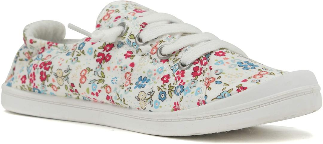 Soda Flat Women Shoes Linen Canvas Slip On Sneakers Lace Up Style Loafers Zig-S White Floral