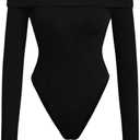 MakeMeChic Women's Casual Off Shoulder Ribbed Knit Long Sleeve Bodysuit Tee Shirts Leotard Tops (Black)