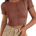 Cicy Bell Womens Short Sleeve Crop Tops Summer Fitted Ribbed Knit Tee Shirts Trendy Casual Y2k Going Out Shirts (Large, Brown)