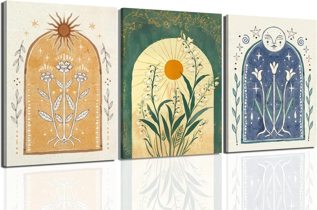 Mystical Sun and Moon Wall Art Vintage Botanical Flower Wall Decor Tarot Lily of the Valley Poster Canvas Prints Spiritual Astrology Artwork for Bedroom Living Room Framed 12x16 inch