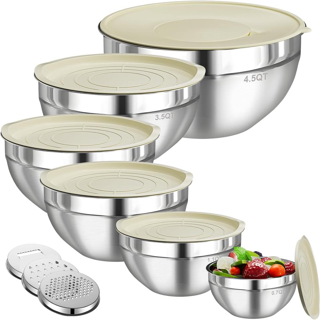 Mixing Bowls with Lids Set, 6 PCS Stainless Steel Mixing Bowls with 3 Grater Attachments, Kitchen Food Storage Organizers Nesting Mixing Bowl, Large Size 4.5, 3.5, 2.1, 1.5, 1.1, 0.7QT, Khaki 