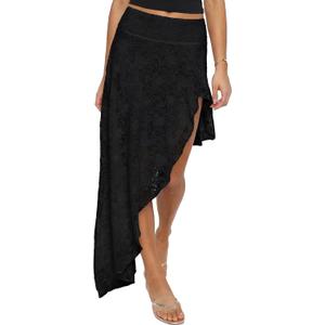 Women's Lace Asymmetrical Layered Hem Midi Skirt Sexy Elastic High Waisted Flowy Beach Long Skirts (Black, S)