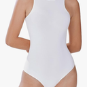 REORIA Womens Sexy Sleeveless High Neck Racer Back Halter Thong Bodysuits Leotard Tank Tops White Medium