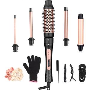 5 in 1 Curling Wand Set, Curling Iron Set with Curling Brush and 4 Interchangeable Ceramic Barrel Curling Wand (0.35-1.25), Fast Heating, Heat Protective Glove & 2 Clips