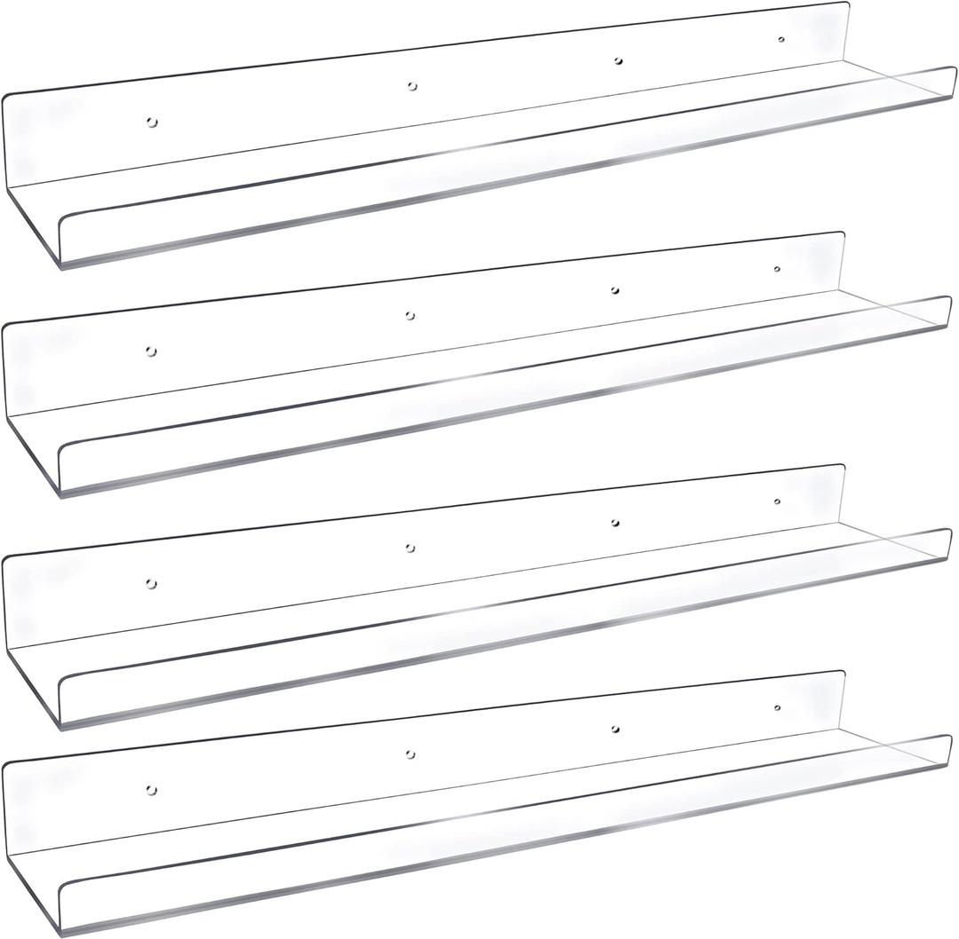 4 Pack 24-Inch Long Clear Acrylic Floating Shelves Wall Ledge Invisible Wall Mounted Floating Bookshelf U Shape Wall Shelf for Book Display Makeup Product Spice Organizer (24 Inches)