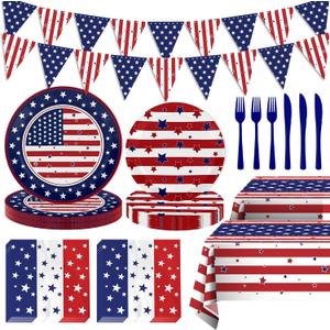 128pcs 4th of July Independence Day Party Supplies Set,Patriotic Theme Kit for Independence & Election Day Decorations,Includes Plates, Napkins, Forks,Knifves,Banner, Tablecloth Serve 25