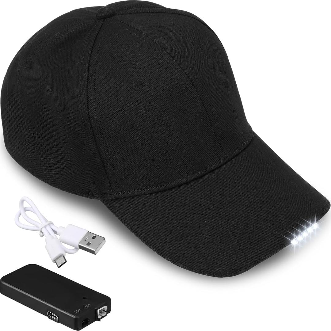 Coume Baseball Cap with Light Rechargeable LED Hat with USB Cable and Battery, Full Cotton Adjustable Headlamp Hat for Fishing Jogging Camping Hand Work(Black)