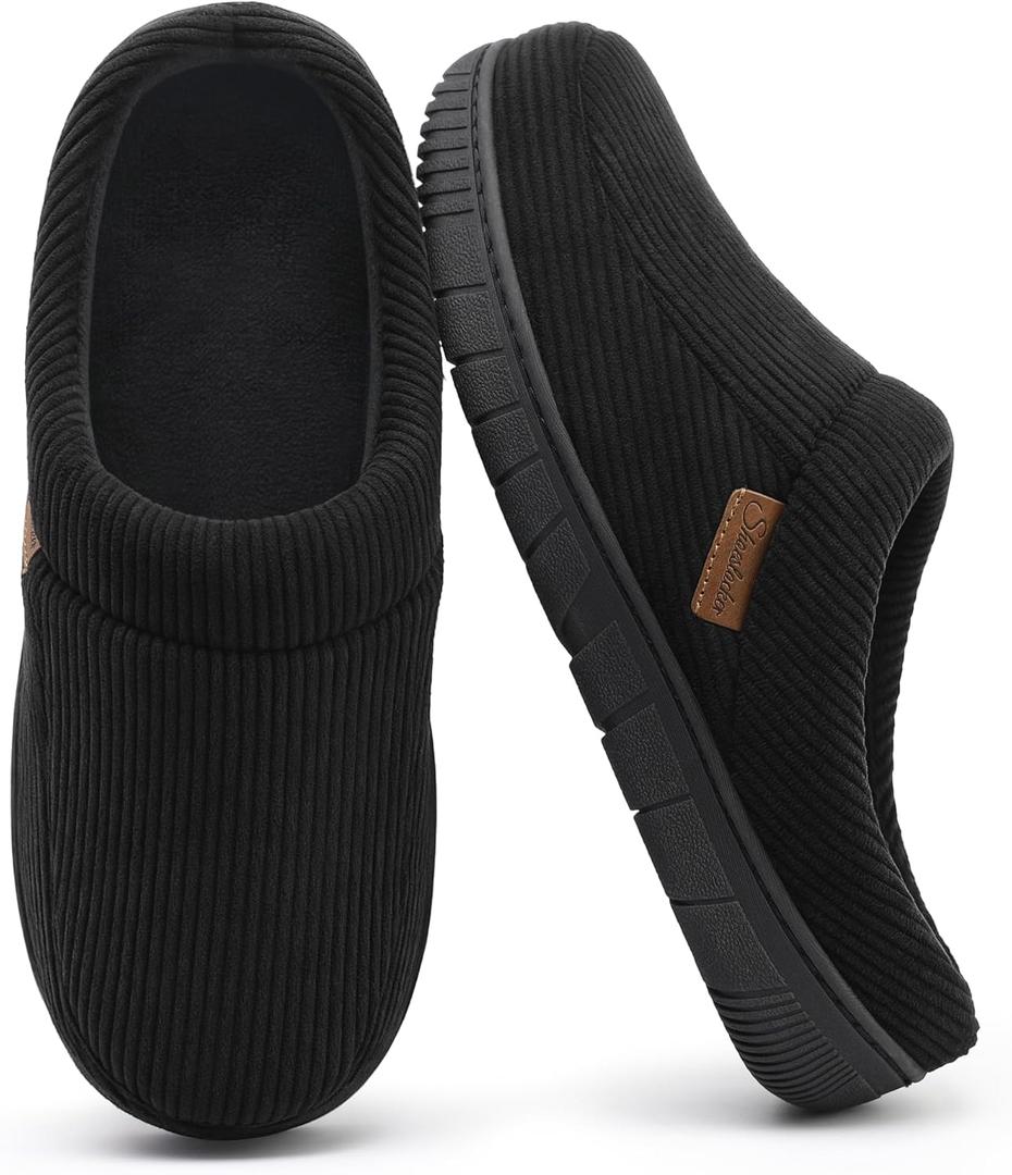 Shoeslocker Mens Slippers Moccasin House Shoes Soft Memory Foam Slip-on Indoor/Outdoor (9-10, Black)