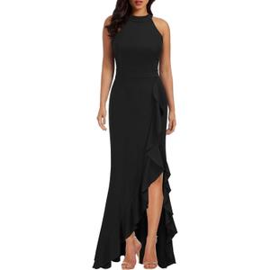 WOOSEA Women's High Neck Split Bodycon Mermaid Evening Cocktail Long Dress (L)