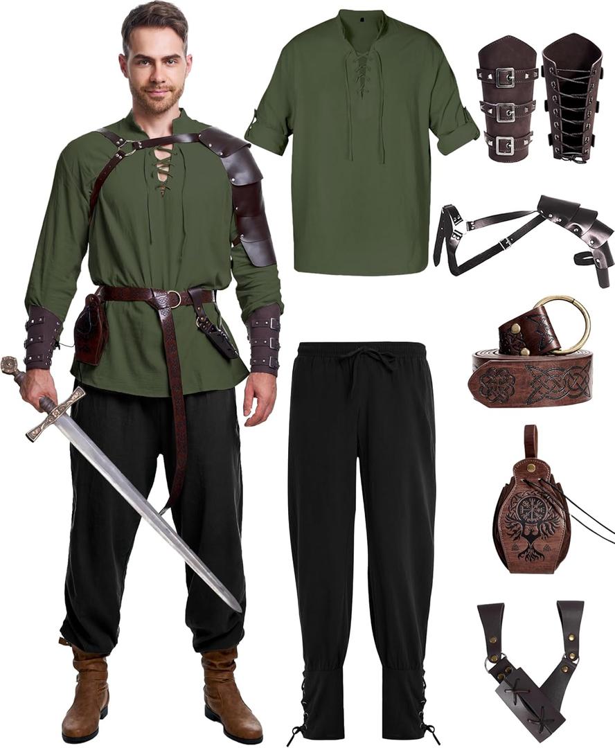 8 Pcs Men's Renaissance Costume Halloween Medieval Pirate Shirt Pant Viking Costume Accessories Set (Brown, L)