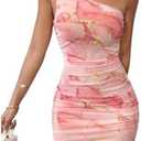 Verdusa Women's Floral Print One Shoulder Bodycon Dress Ruched Backless Mini Dress size Small