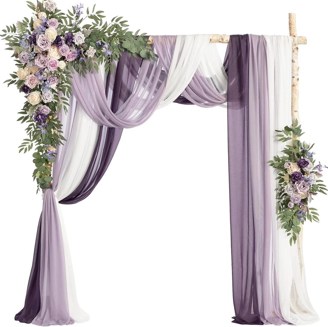 Ling's moment Wedding Arch Flowers with Sheer Drapes Kit - Artificial Purple and Gold Rose Floral Arrangements for Ceremony Backdrop, Arbor Decor, 5-Piece Set (2 Flower Stems + 3 Hanging Drapes)