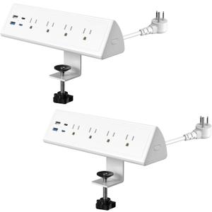 Jgstkcity Desk Clamp Power Strip,20W Fast Charging Station,Surge Protector Nightstand Edge Mount,1875W Extension Cord with Multiple Outlets,2 USB-C,2 USB-A,for Home Office (White, 2PCS-6 FT)