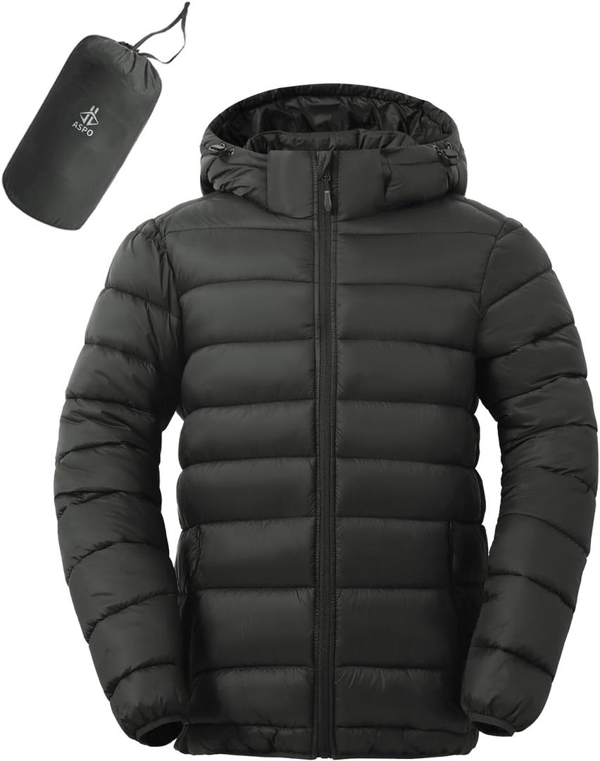 ASPO Men's Packable Puffer Jackets Winter Lightweight Detachable Hood Water-Resistant Down Coats Warm Insulated Hiking Travel (Dark Grey)