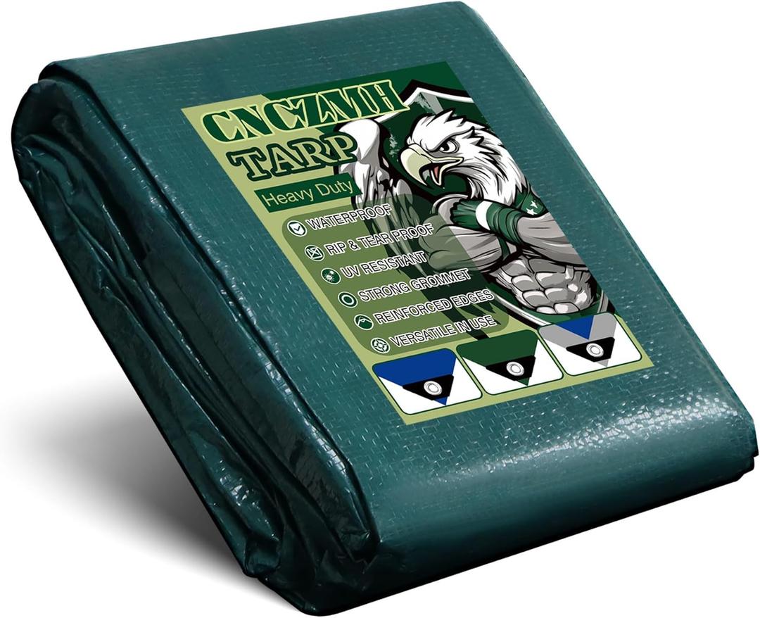 CNCZMH Tarp Waterproof 16x20 Feet, 8 Mil Thick Finished Size Green Poly Tarpaulin Outdoor, Metal Grommets, Reinforced Edges, Multipurpose Tarps Protective Cover for Camping Boat Plant