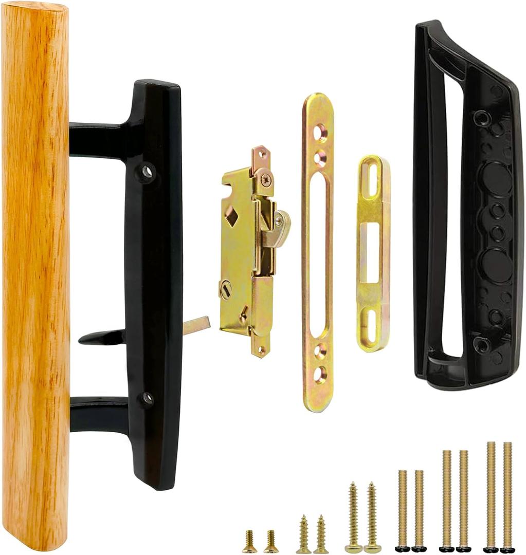 Patio Sliding Glass Door Handle with Mortise Lock 45 Keyway, Non-keyed Oak Wood Inside Handles and Zinc Diecast Outside Pull, 3-15/16" H.C., Non-Handed, Black