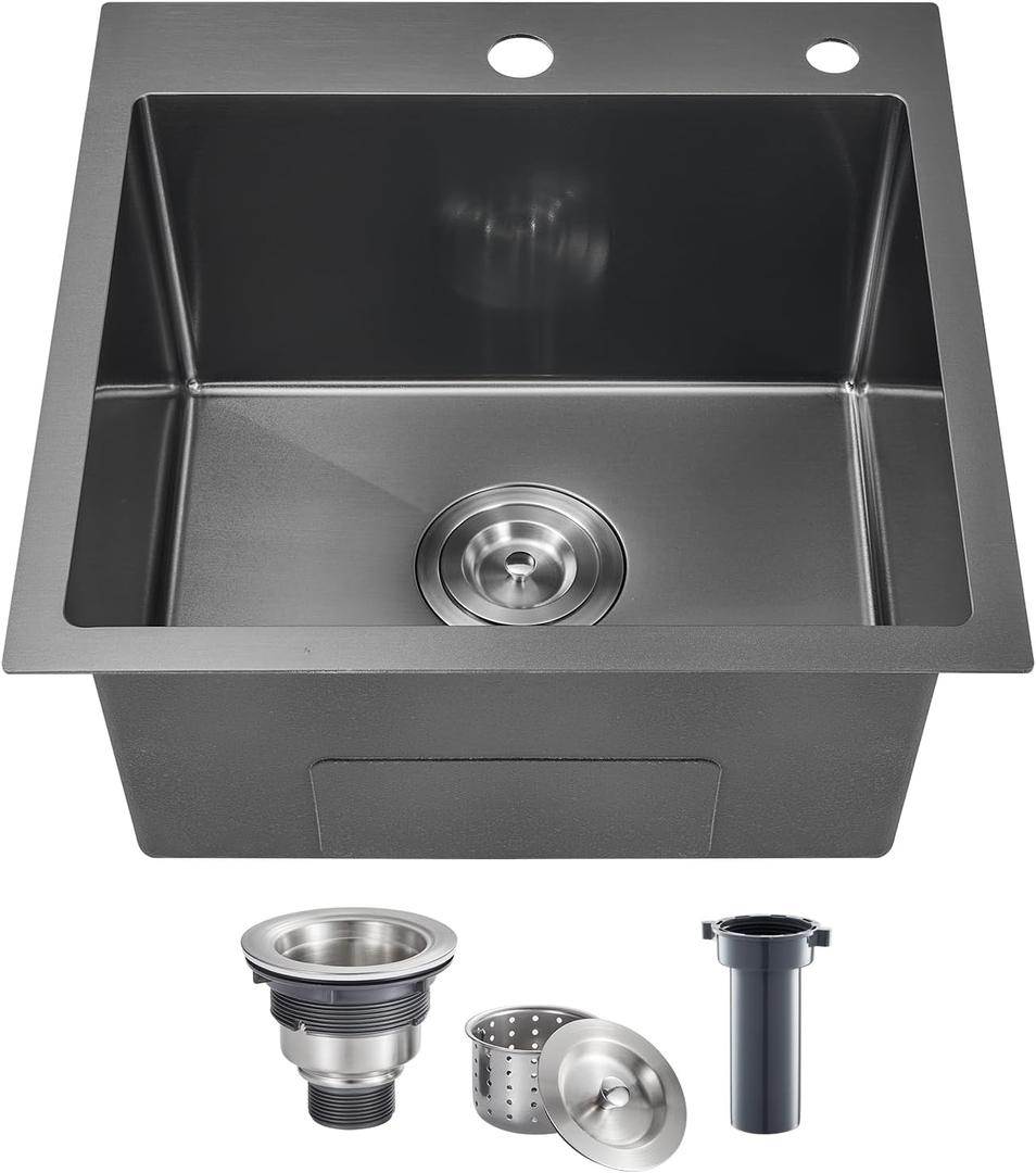 POPFLY 18 x 18 Inch Drop In Bar Prep Sink, 304 Stainless Steel Top mount Handmade Single Bowl Sink 9 Inche Deep Small Kitchen Sink with 2 Hole, Black