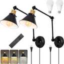 TRLIFE Dimmable Wall Sconce, Remote Control Plug in Wall Sconces Dimming 10%-100% and Adjustable Color Temperature 2700K-6000K, Swing Arm Wall Lights with Plug in Cord, UL Listed(2 Pack, 2 Bulbs) (2 Pack- (Remote+Bulbs), Black)