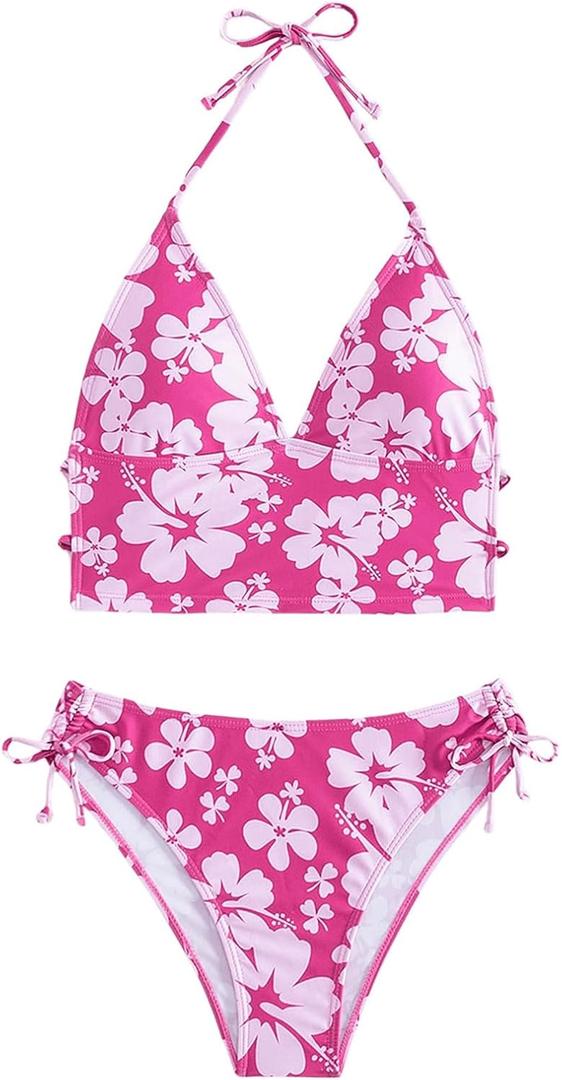 Floerns Women's Tankinis 2 Piece Floral Print Halter Tie Back Crop Top and Bottoms Bikini Set (Small, Hot Pink)
