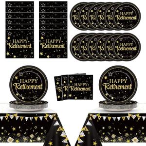 Happy Retirement Party Supplies Set Serves 48 Guests, Black and Gold Plates & Napkins with Tablecloths for Men & Women, Teacher Coworkers Nurse Farewell Say Goodbye Party Table Decorations