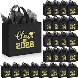Hahafelt 24 Sets Graduation Gift Bags Bulk Reusable Non Woven Class of 2026 Tote Bag with Handle Tissue Paper Graduation Party Favors for College High School Decoration(Black,12 x 11 x 5 Inch)