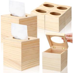 Wonderjune 4 Pcs Wood Tissue Box Cover for DIY Unfinished Wood Box Custom Design Square Wooden Tissue Cover Holder with Flip Opening Top for Arts Crafts Bathroom Decor Home Decor
