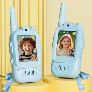 Walkie Talkie for Kids with Video: 2 Pack Rechargeable Toddler Toys with HD Camera & Voice Changer, Long Range Gift Toys for Boy & Girl Age 3-8 for Outdoor Play, Camping (Blue-Blue)