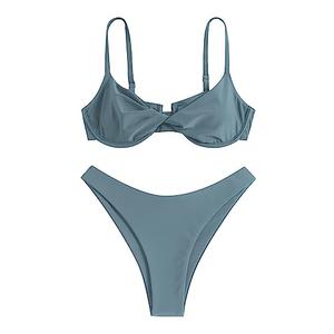 ZAFUL Women's Twist Front Bikini Sets Underwire Tie Back Bikini High Waisted Two Piece Swimsuit (1-Haze Blue, L)
