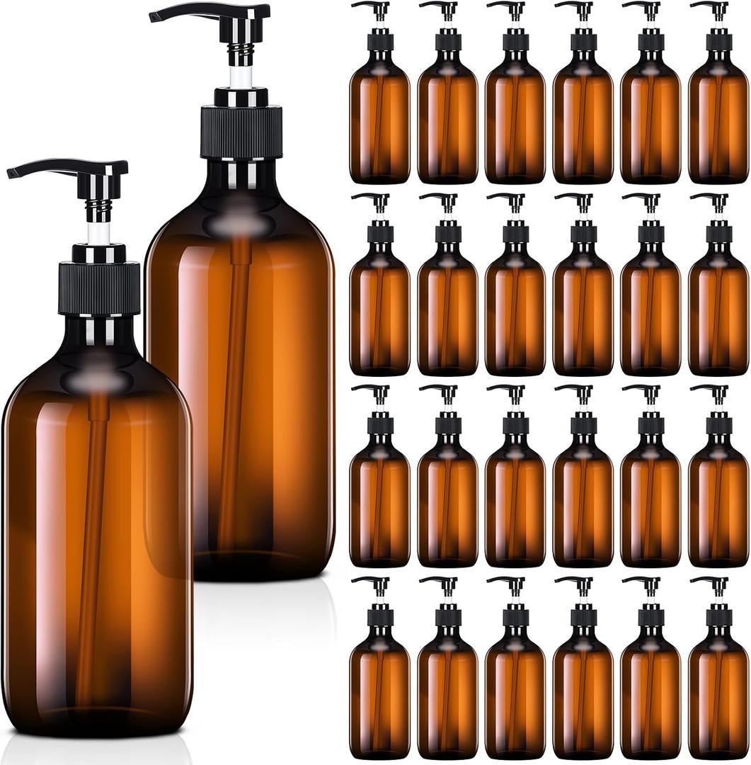 Tessco for you 24 Pcs Amber Soap Dispenser Empty Plastic Pump Bottles Refillable Shampoo Container for Hand Sanitizer Soap Lotion Body Wash Conditioner Bathroom Kitchen Travel, 8.45oz