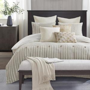 Madison Park Queen Comforter Set Clipped Jacquard Stripes with Buttons Boho Comforter for a Queen-Size Bed, Cotton Oversized Comforters with Removable Cover Boho Bedding, Queen Ivory 8 Piece