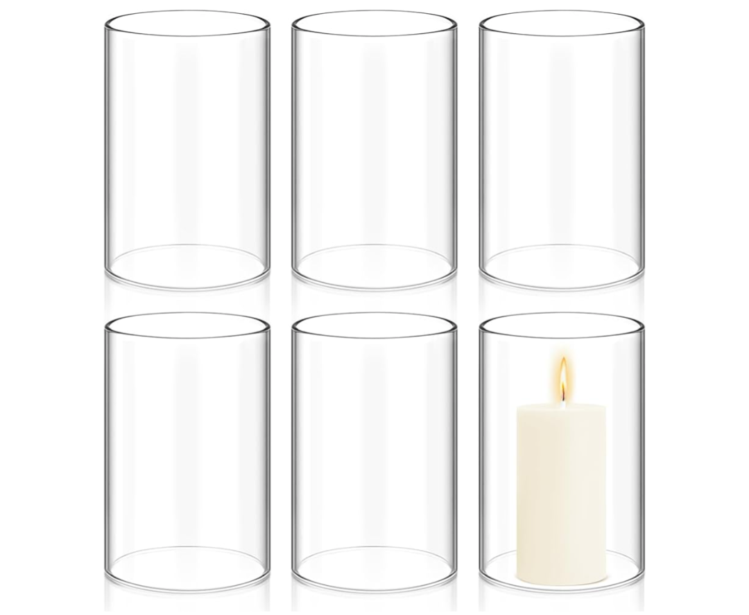 Showgeous 6 PCS Hurricane Candle Holder, D:4" H:6" Open Ended Glass Candle Cylinder Sleeve, Clear Glass Cylinder Candle Holder, Open Flame Candle Chimney Tube Cover, Bottomless Cylindrical Glass