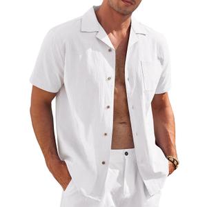 COOFANDY Mens Casual Cotton Linen Shirt Short Sleeve Button Up Shirts Summer Beach Top (Large, White)