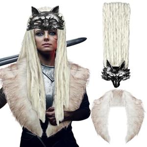 Newcotte 2 Pcs Halloween Viking Fur Costume Set Faux Fur Shawl Collar and Wolf Mask Headpiece Barbarian Accessories Women Men(White)