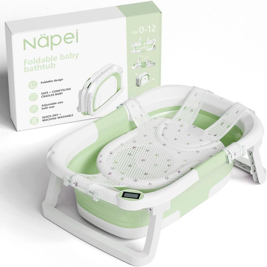 Collapsible Baby Bathtub,Baby Bath Tub with Soft Cushion & Thermometer,Baby Bathtub Newborn to Toddler 0-36 Months,Portable Travel Baby Tub (Green)