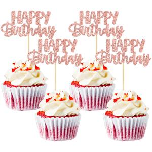 Gyufise 24Pcs Happy Birthday Cupcake Toppers Rose Gold Glitter Birthday Cake Picks for Celebrating Birthday Party Baby Shower Party Decorations Supplies